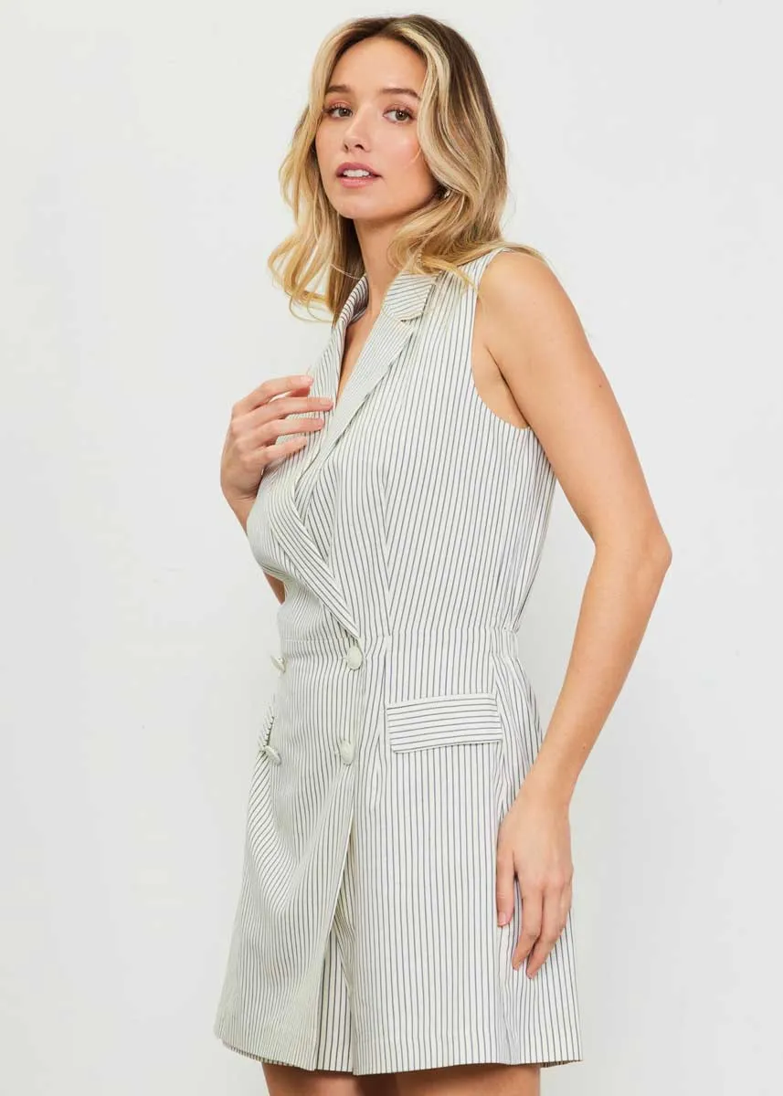 Carolina Pinstriped Blazer Romper - Ivory & Navy